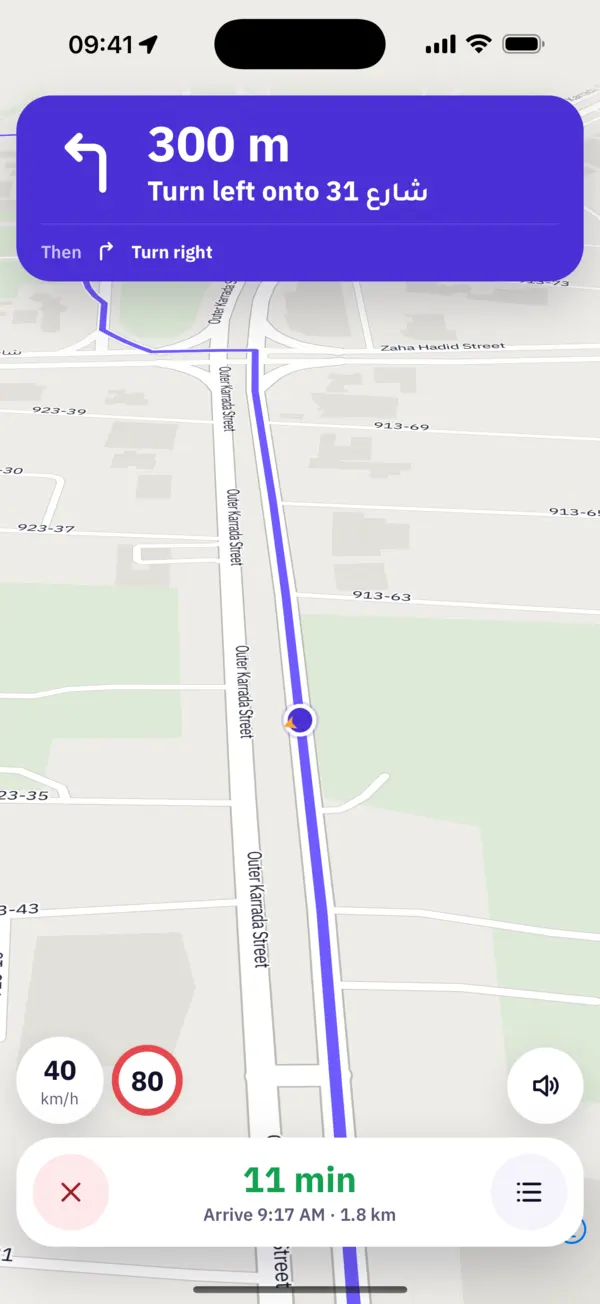 Driving guidance: turn left onto Street 31 in 300 m, speed limit 80 at 40 km/h, 11 minutes left, arrive 9:17 AM, 1.8 km
