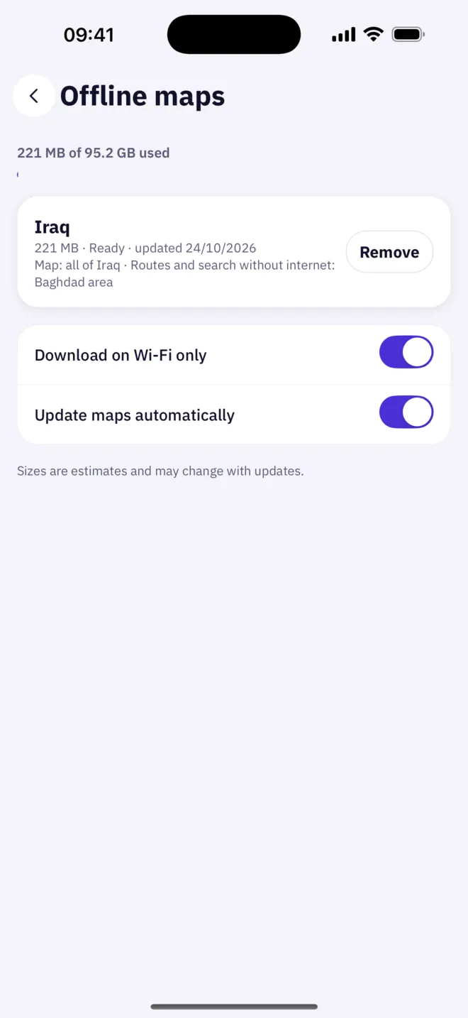Offline maps screen: the Iraq map downloaded and ready, 221 MB