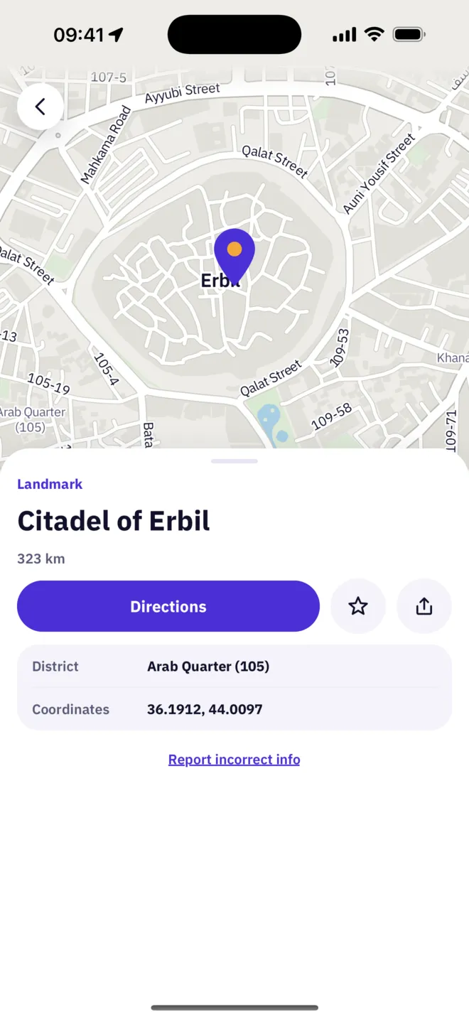 Place page for Erbil Citadel with the Directions button and coordinates