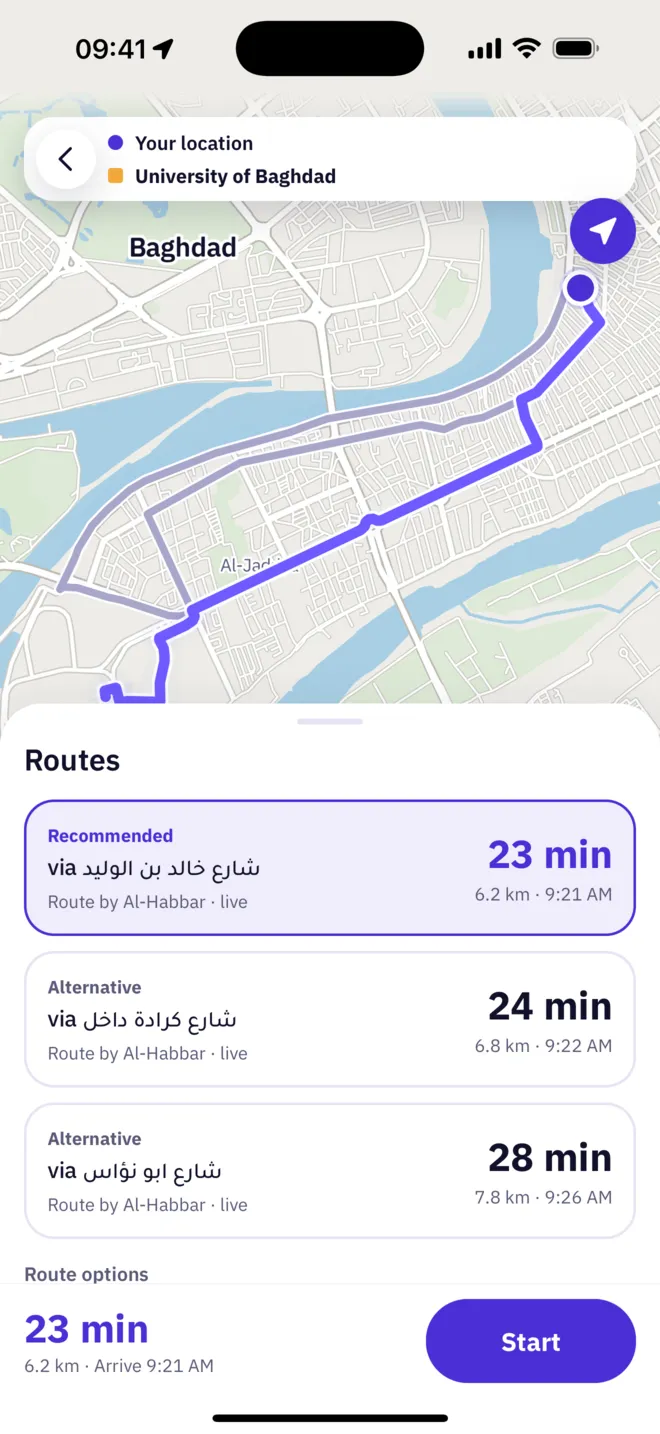 Three routes to the University of Baghdad, each with time, distance and arrival, the recommended one selected